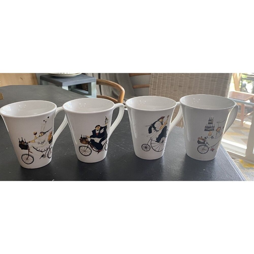 Oneida Chefs to Go Mugs Coffee Cups Jennifer Garant Set of 4 Riding Bicycle Wine